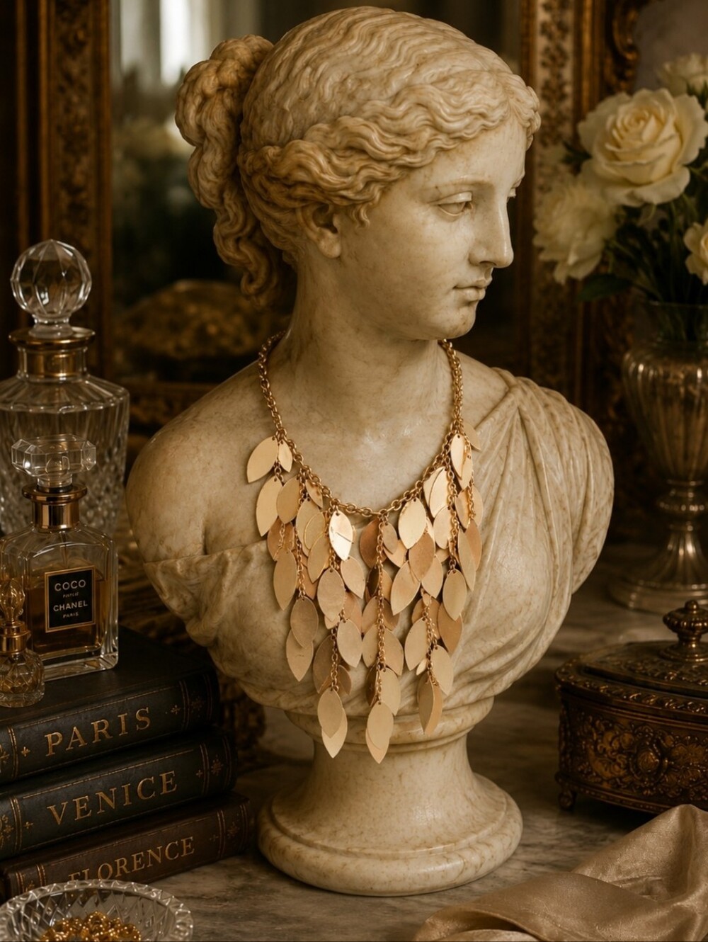 Vintage 80s Gold Tone Cascading Leaf Statement Bib Necklace Matte Leaf Fringe